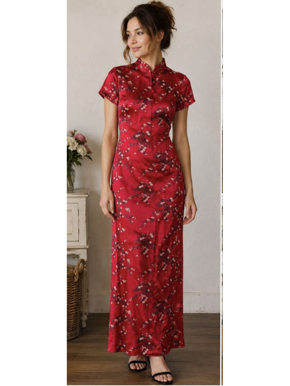 Vintage Red Cherry Blossom Maxi Dress Made USA Asian Cheongsam Mandarin S
